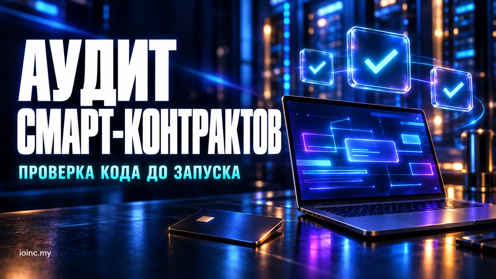 Аудит смарт-контрактов: баннер статьи о проверке безопасности кода в стиле APEX IOINC