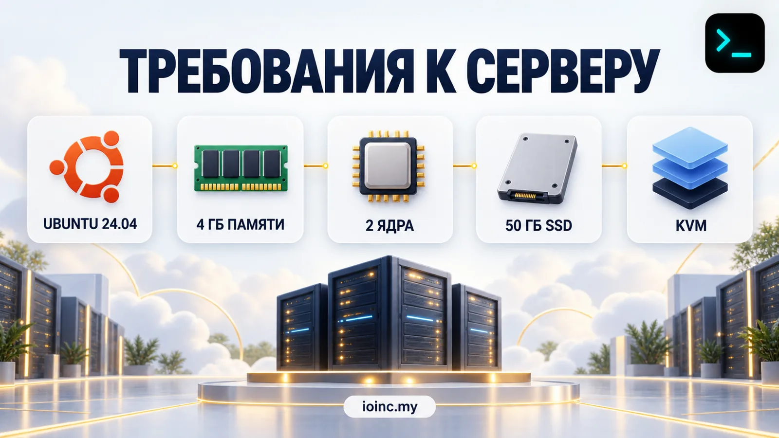 Требования к серверу для Binom v2: Ubuntu, 4 ГБ памяти, 2 ядра, 50 ГБ SSD — инфографика