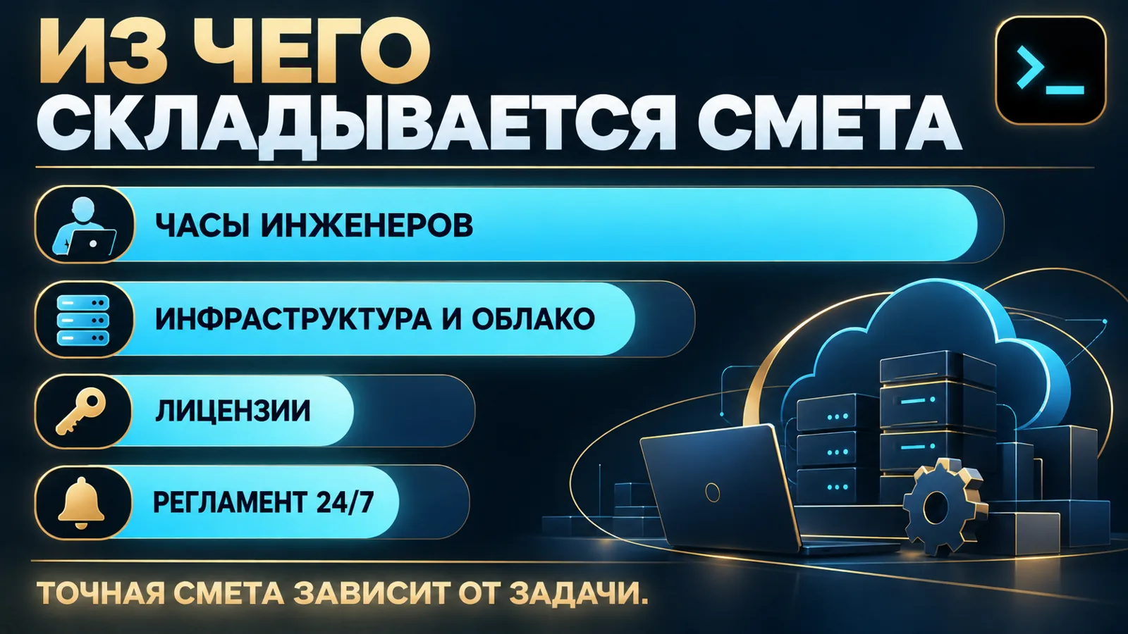 Из чего складывается цена DevOps-услуг: часы инженеров, инфраструктура, лицензии и регламент поддержки — инфографика