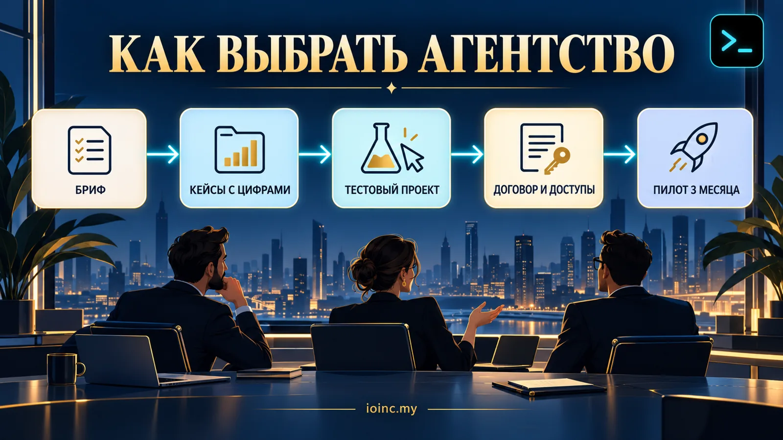 Как выбрать digital-агентство: бриф, портфолио с цифрами, тестовый проект, договор и доступы, пилот — инфографика