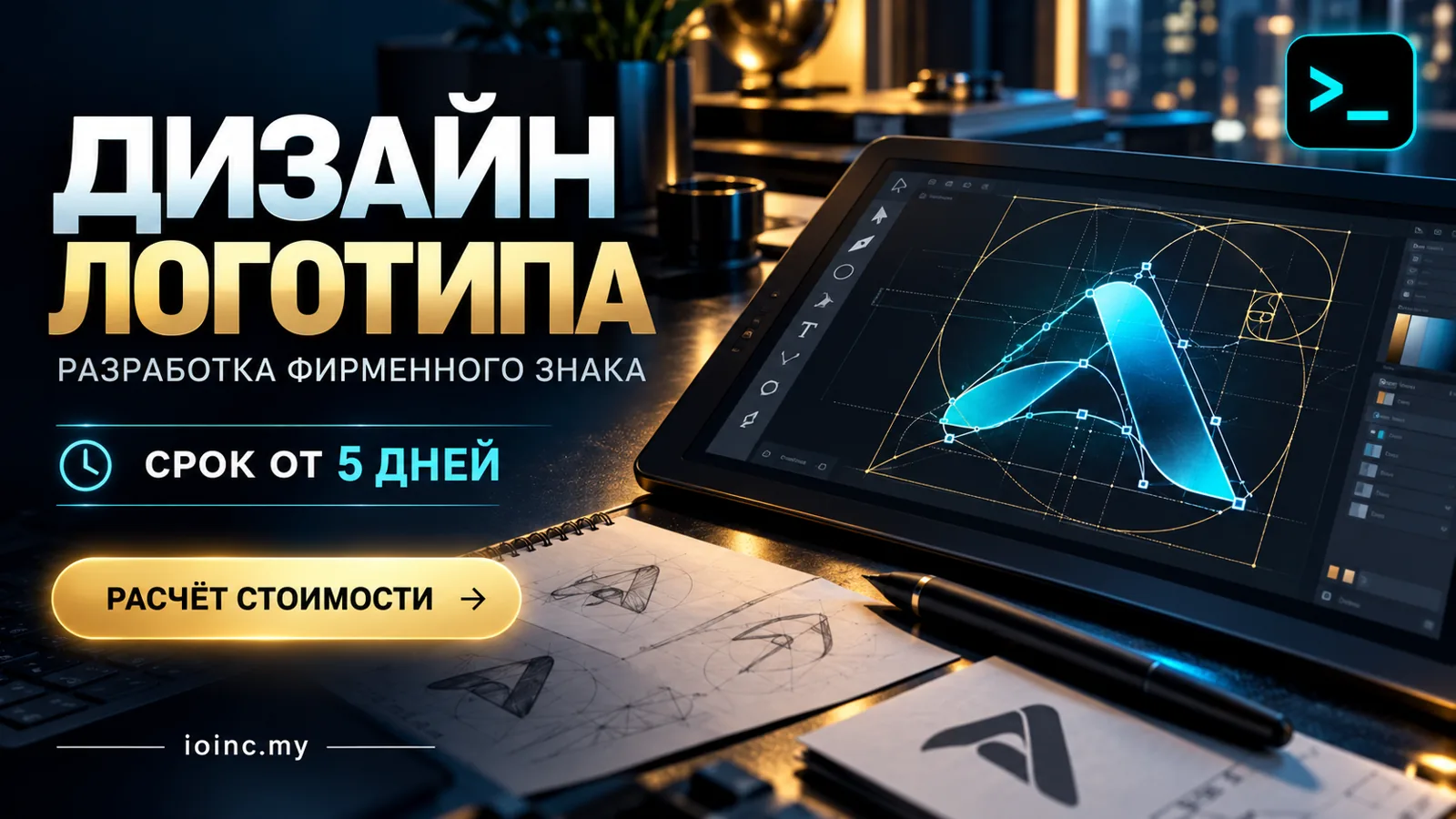 Баннер о дизайне логотипа: разработка фирменного знака под ключ, сроки и расчёт стоимости в APEX IOINC