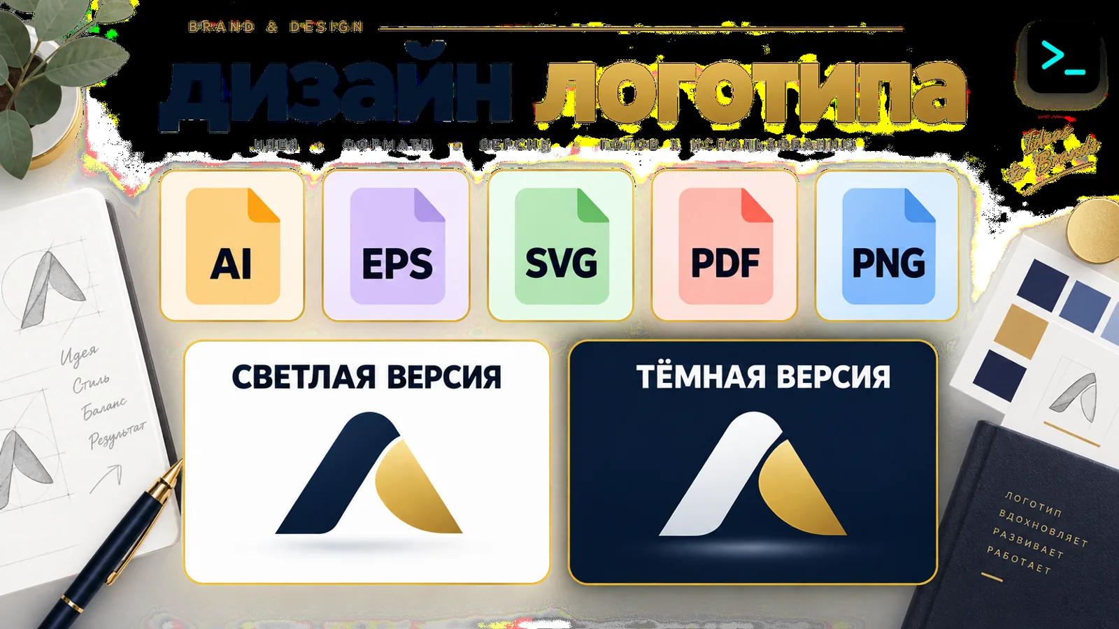 Инфографика с комплектом файлов логотипа: AI, EPS, SVG, PDF, PNG, светлая и тёмная версии, монохром