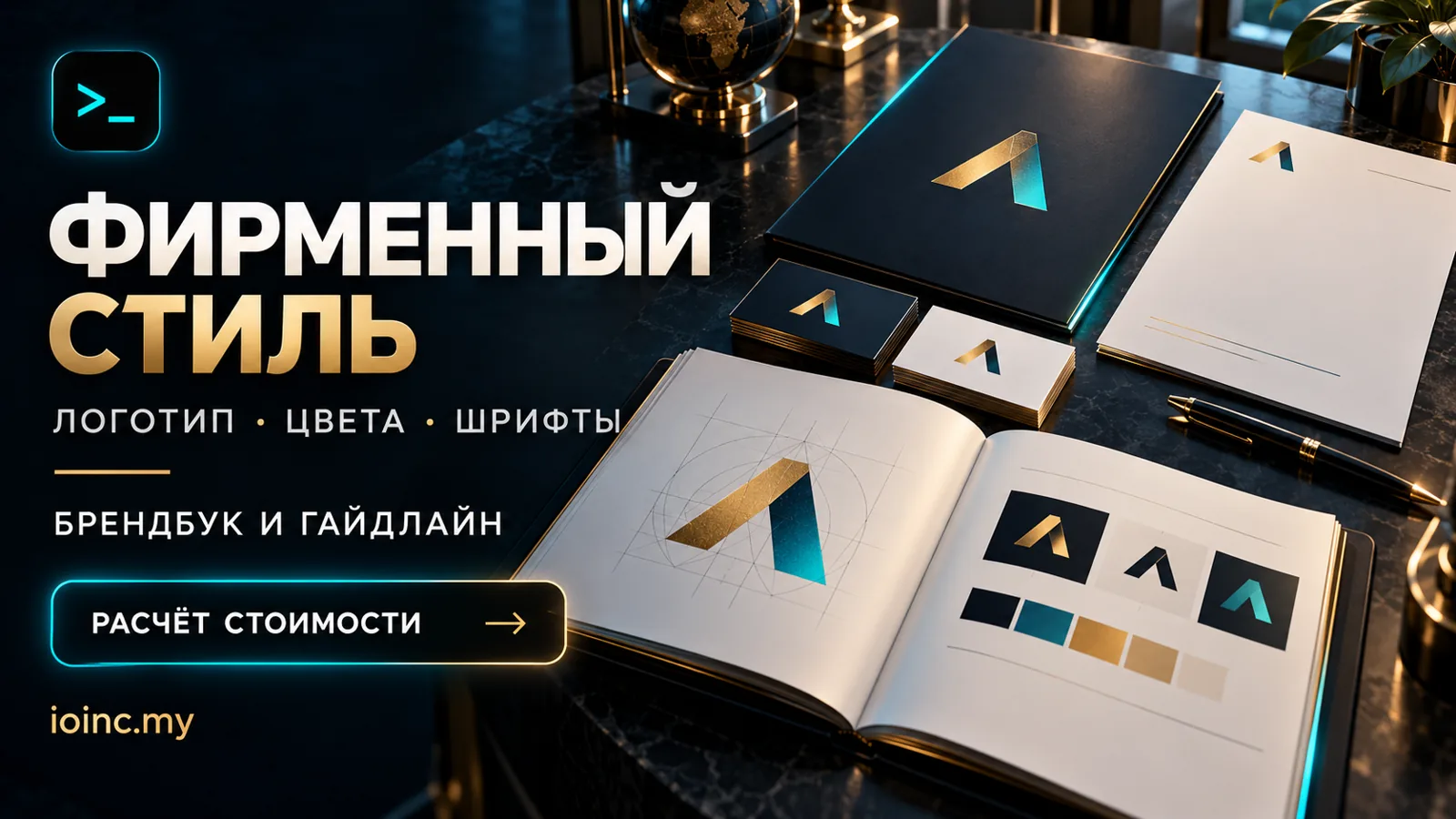 Фирменный стиль компании — рекламный баннер APEX IOINC: логотип, цвета, шрифты и брендбук