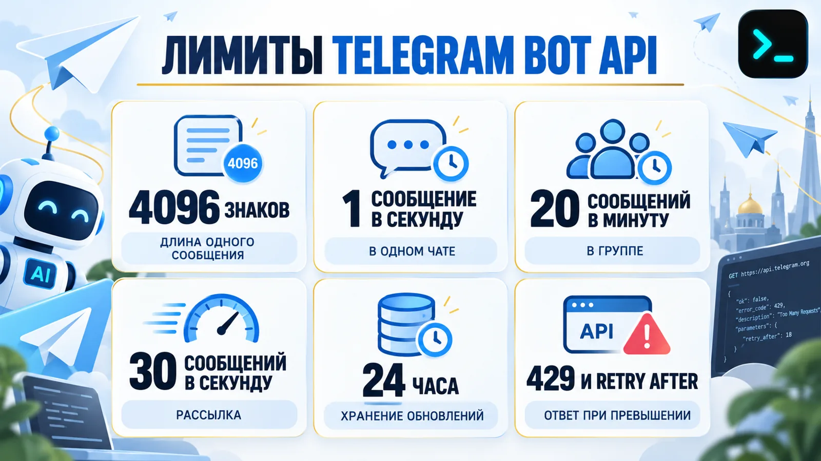 Лимиты Telegram Bot API 2026: 4096 знаков в сообщении, 20 сообщений в минуту, 30 в секунду — инфографика