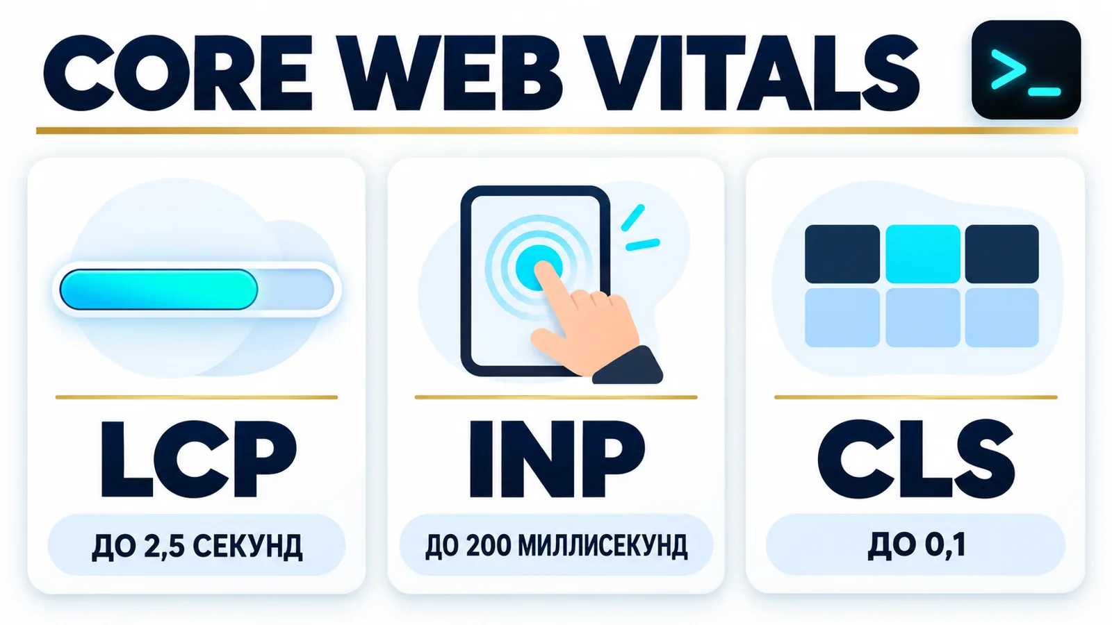 Инфографика порогов Core Web Vitals для посадочной страницы: LCP, INP и CLS в лендинге для рекламы