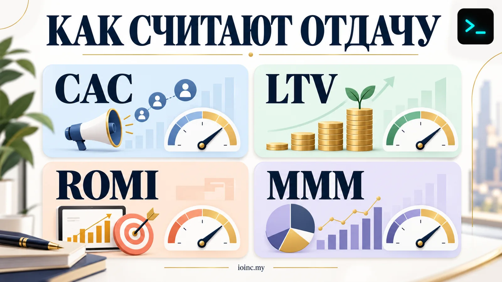 Метрики маркетингового консалтинга: CAC, LTV, ROMI, MMM — инфографика