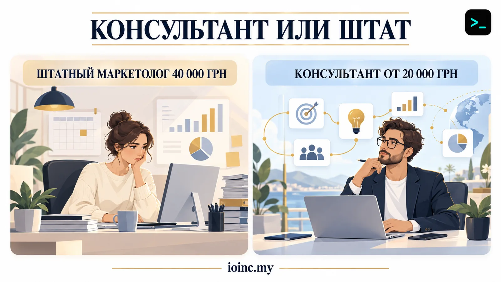 Консультант или штатный маркетолог: сравнение стоимости и зон ответственности — инфографика
