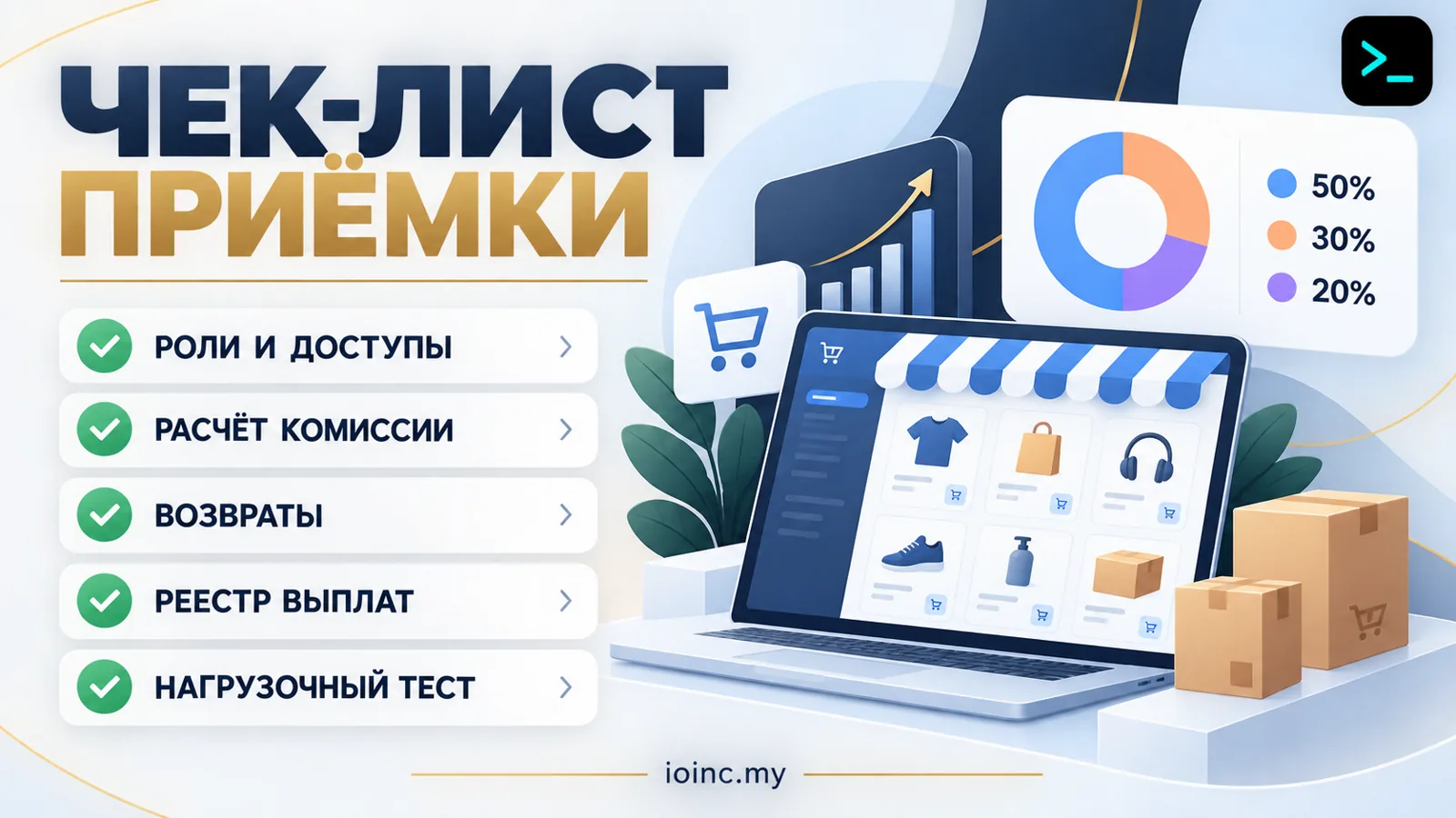 Чек-лист приёмки маркетплейса: роли, комиссии, возвраты, выплаты, нагрузка — инфографика