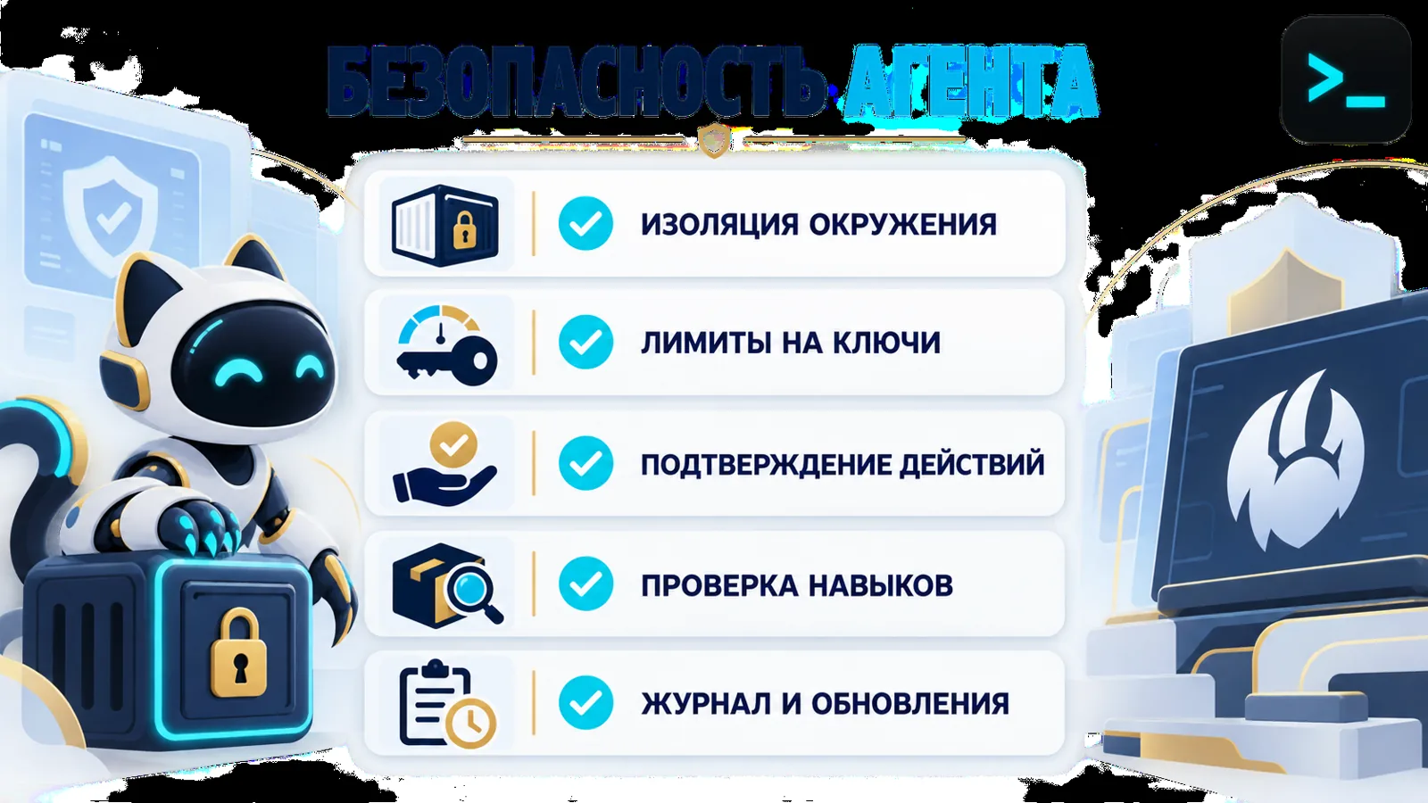 Инфографика безопасности ИИ-агента OpenClaw: изоляция окружения, лимиты на ключи, подтверждение действий, проверка навыков, журнал и обновления