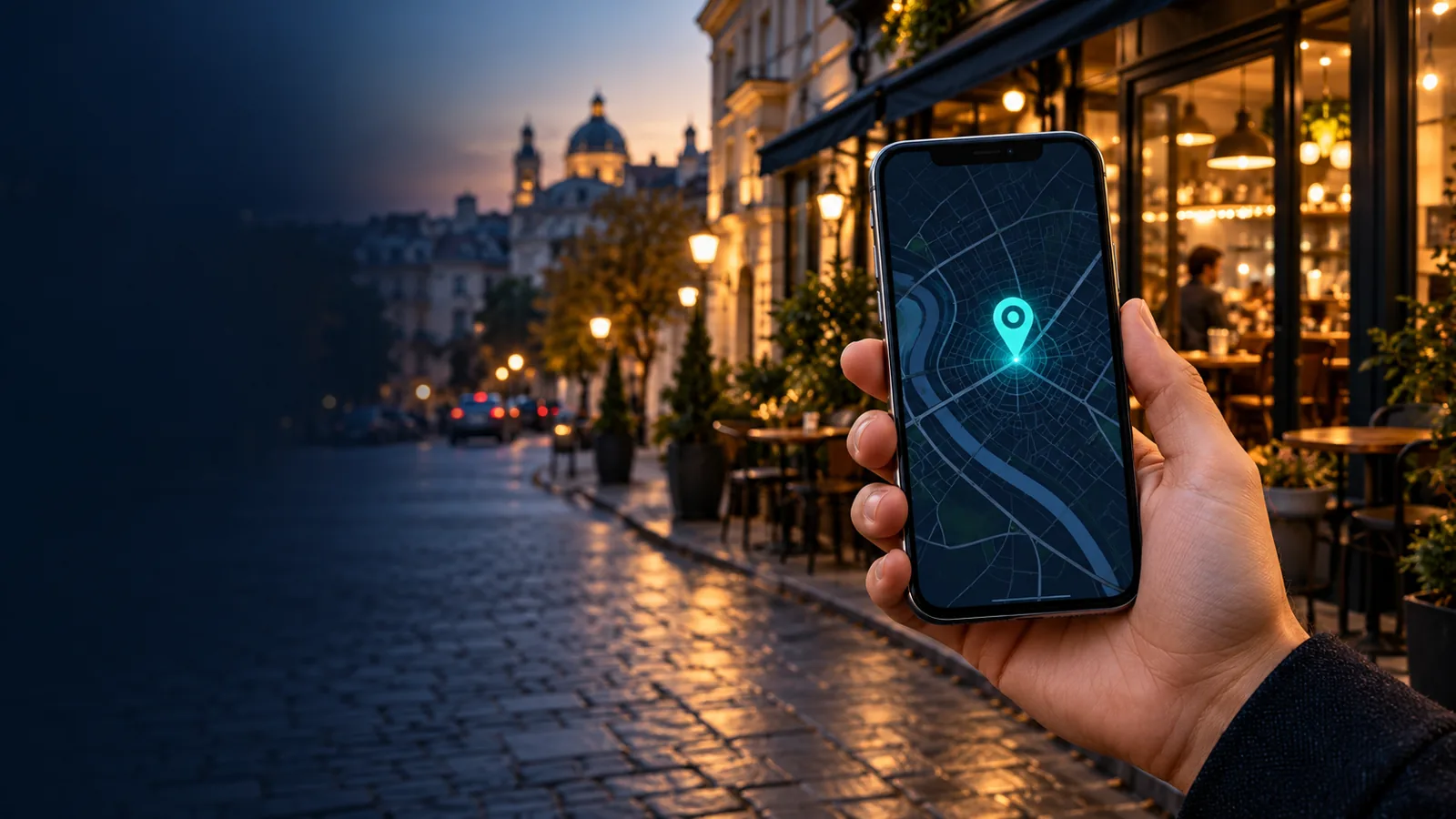 Локальный бизнес и Google Maps: смартфон с картой и точкой компании на улице города