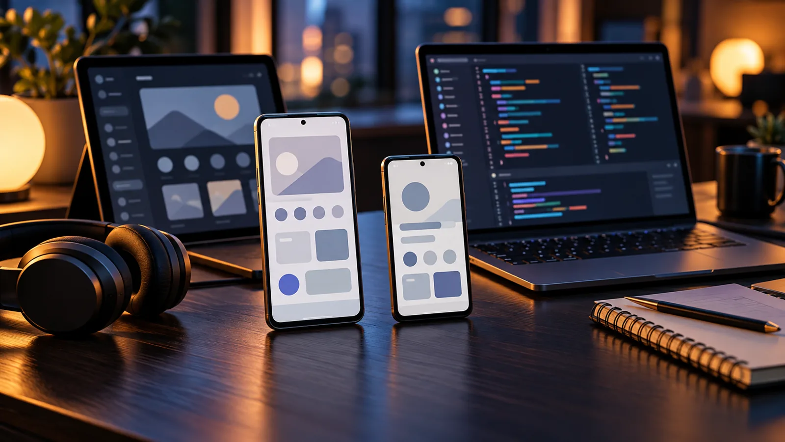 Рабочее место Android-разработчика: смартфоны на столе и ноутбук со сборкой приложения
