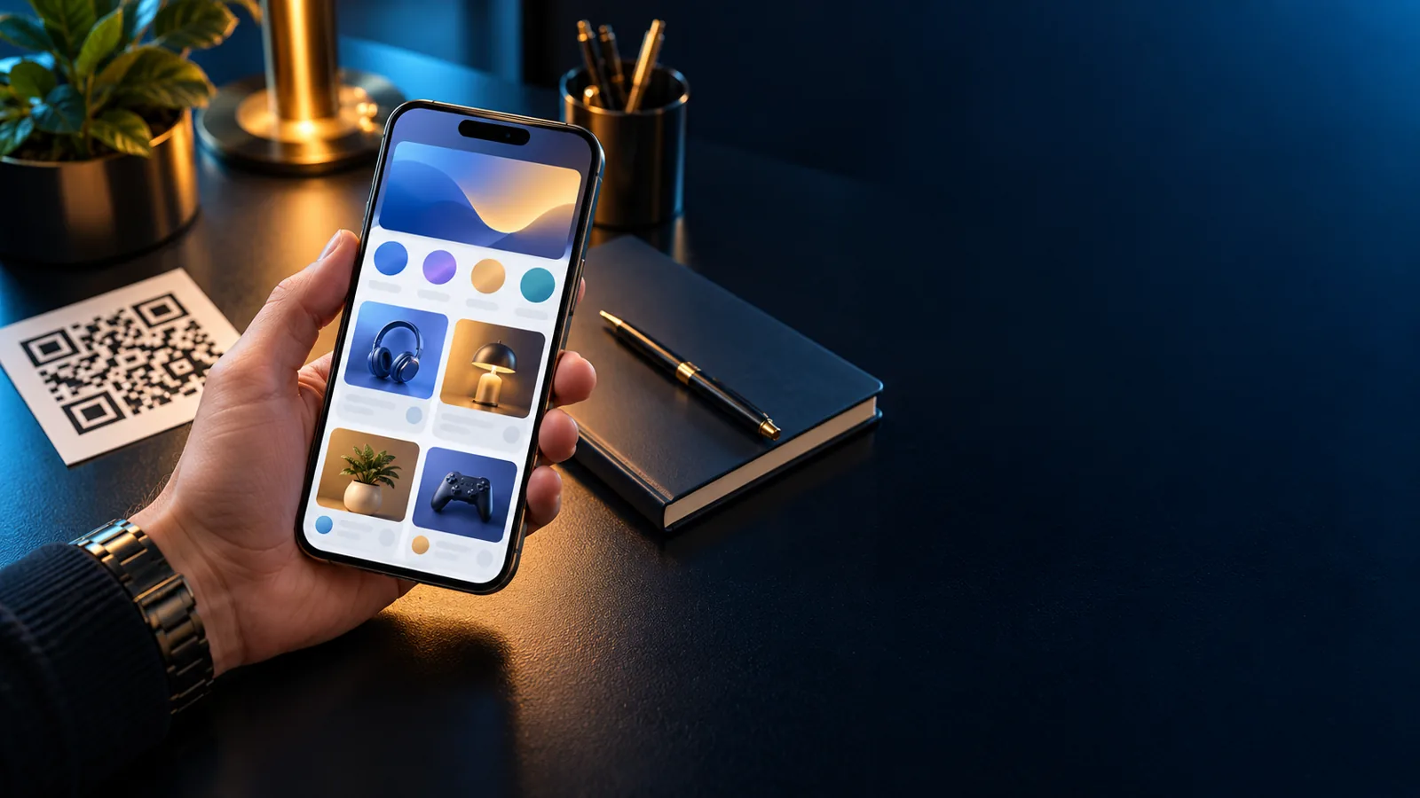 Продвижение Telegram Mini App: привлечение пользователей из каналов, рекламы и QR-кодов, смартфон в руке на тёмном фоне