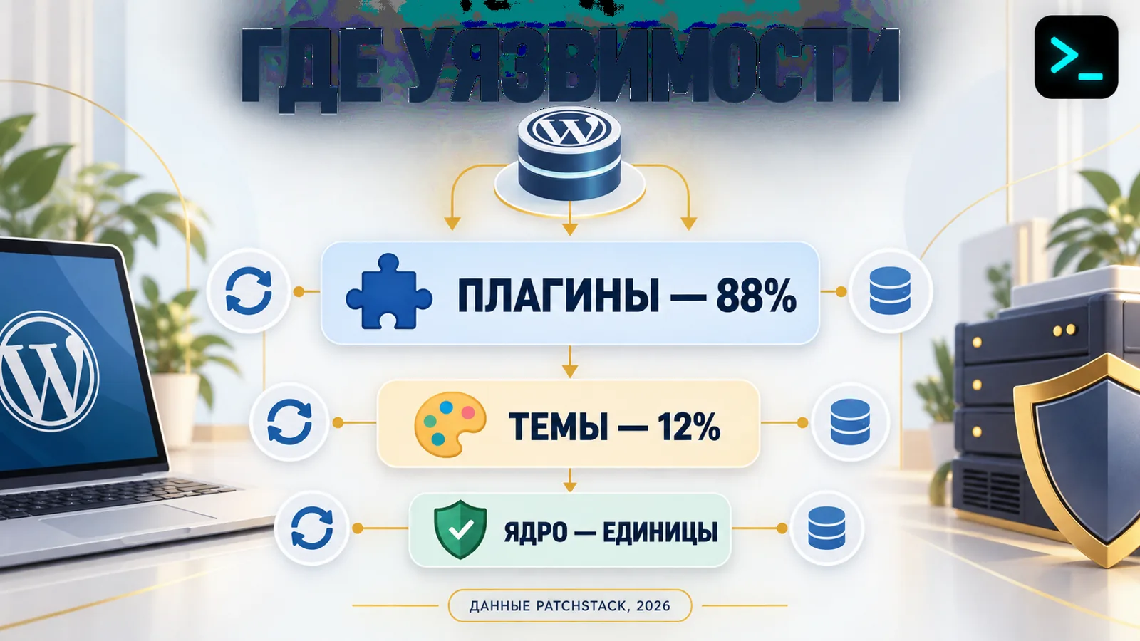 Безопасность сайта на WordPress: уязвимости в плагинах, темах и ядре — инфографика