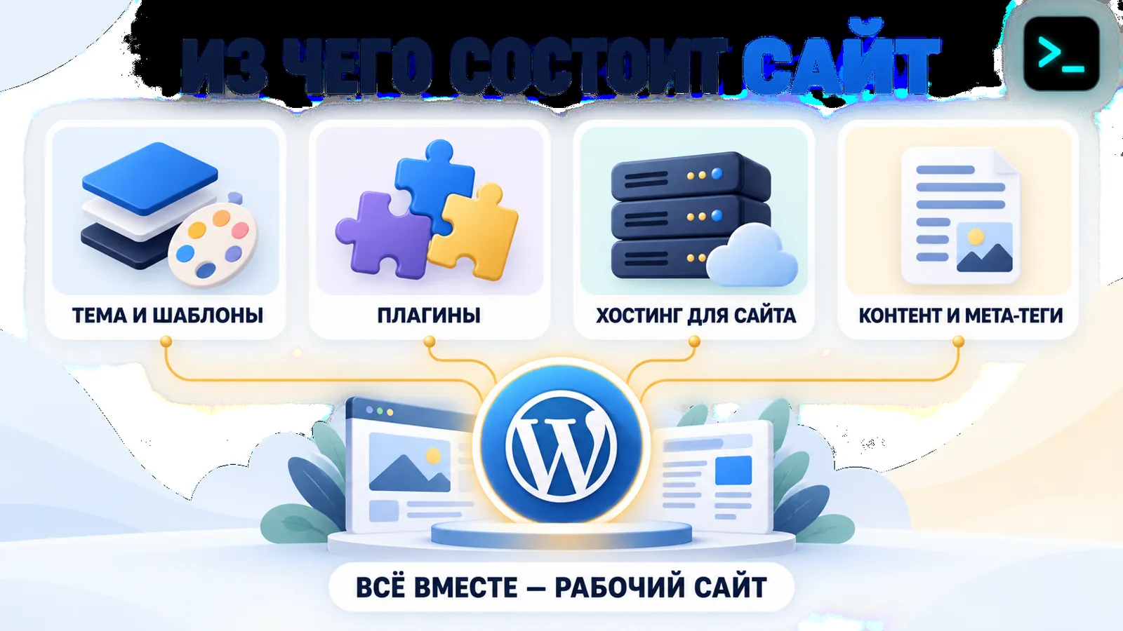 Из чего состоит сайт на WordPress: тема, плагины, хостинг и контент — инфографика