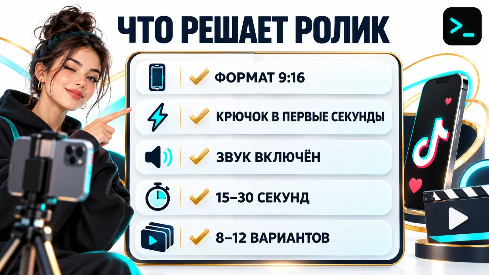 Инфографика требований к креативам для рекламы в TikTok: формат 9:16, крючок в первые секунды, звук, длительность и число вариантов