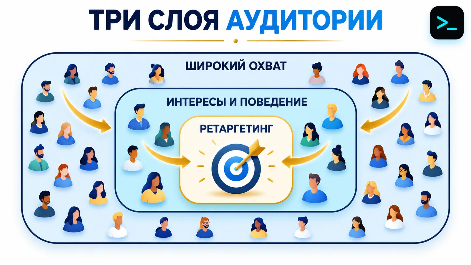 Инфографика таргетинга в TikTok: три слоя аудитории — широкий охват, интересы и ретаргетинг