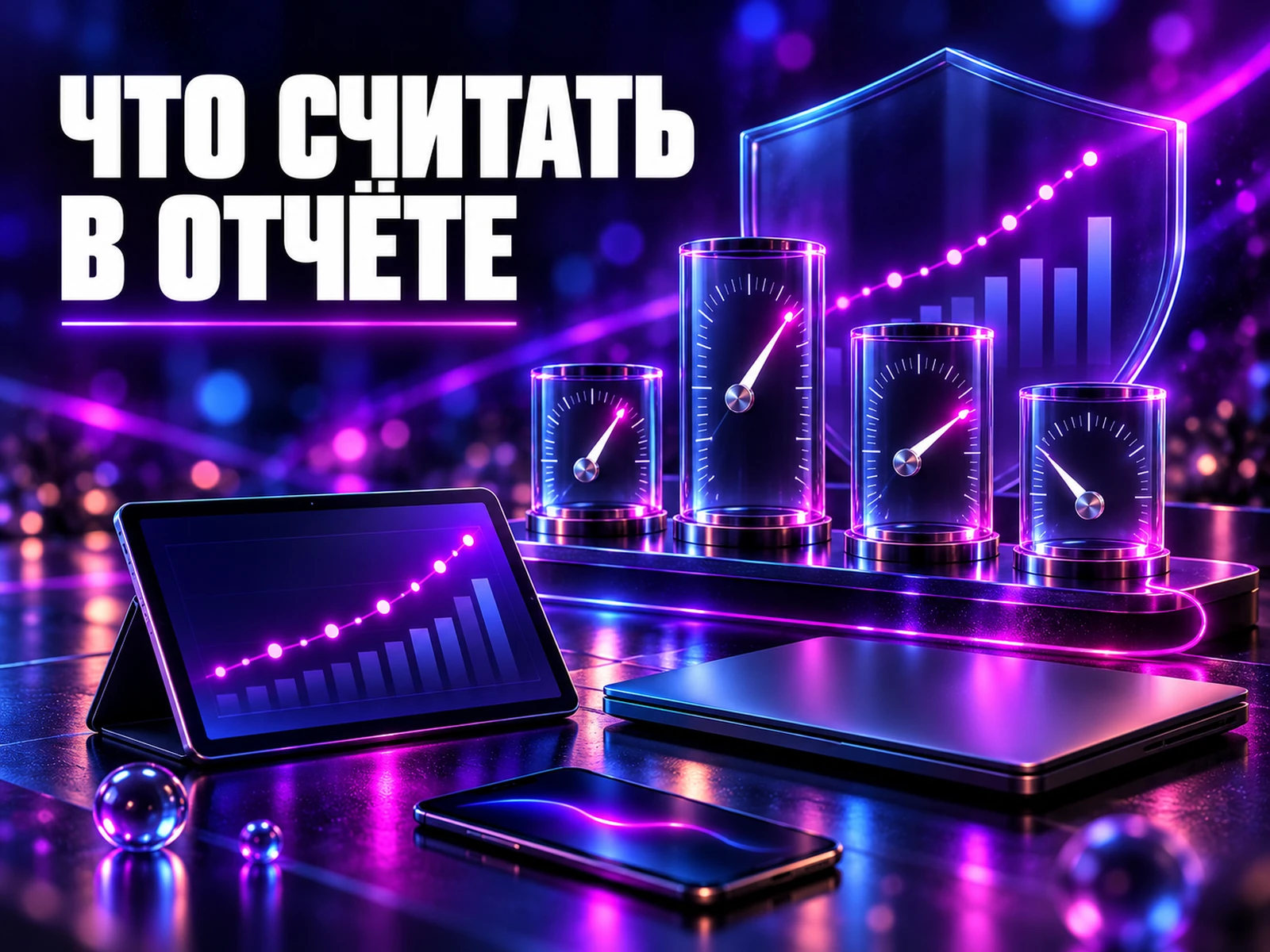 Сквозная аналитика: надпись «Что считать в отчёте» — приборные шкалы без цифр (CAC, ROAS, ROMI, LTV) на одном щите вместе с графиками кабинетов