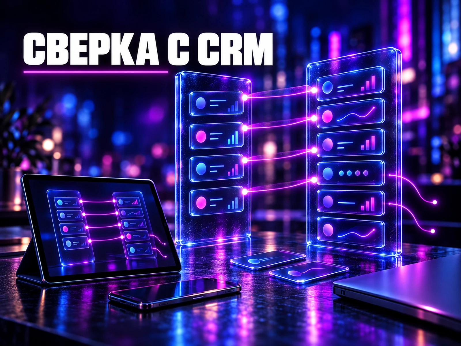 Сквозная аналитика: надпись «Сверка с CRM» — две колонки записей кабинета и CRM соединены нитью совпадений, часть заказов осталась без пары
