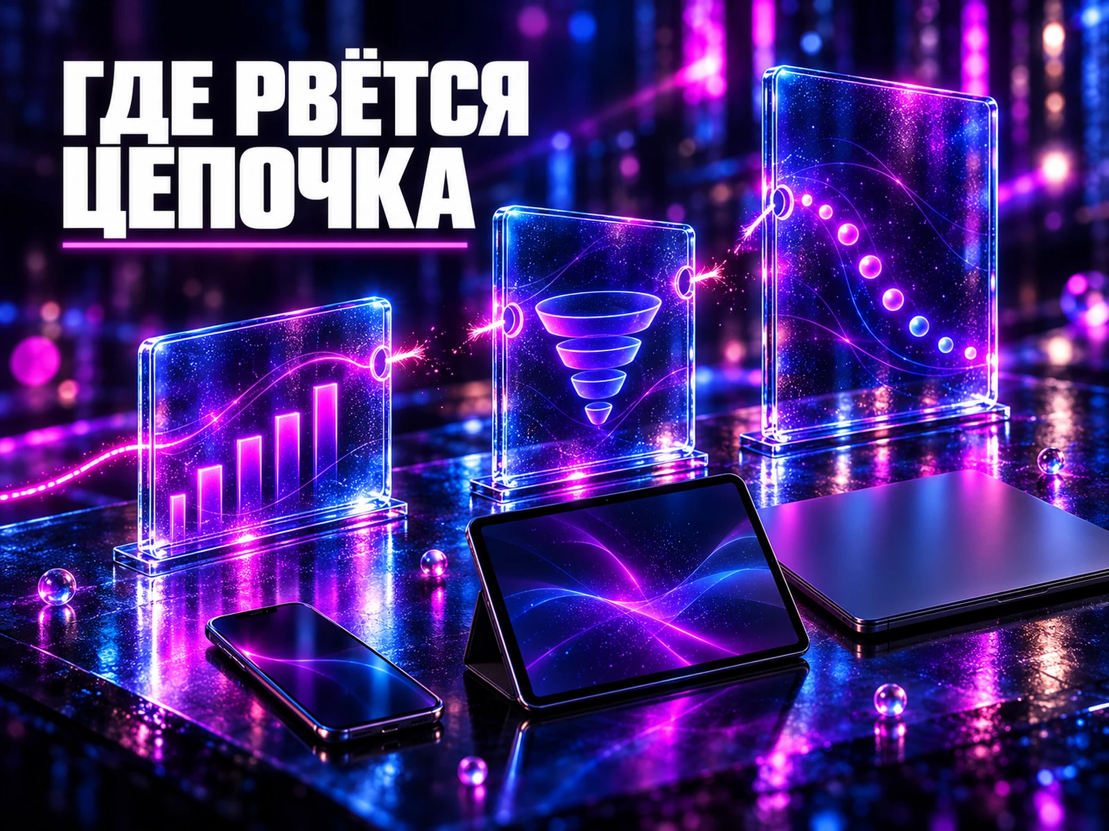 Сквозная аналитика: надпись «Где рвётся цепочка» — светящаяся нить обрывается между панелями рекламы, сайта и CRM, часть значений остаётся вне связи