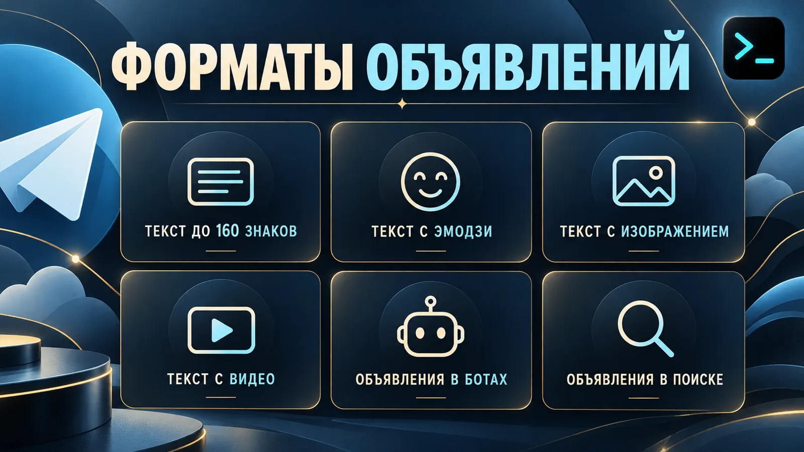 Форматы объявлений Telegram Ads 2026: текст, эмодзи, изображение, видео, реклама в ботах — инфографика